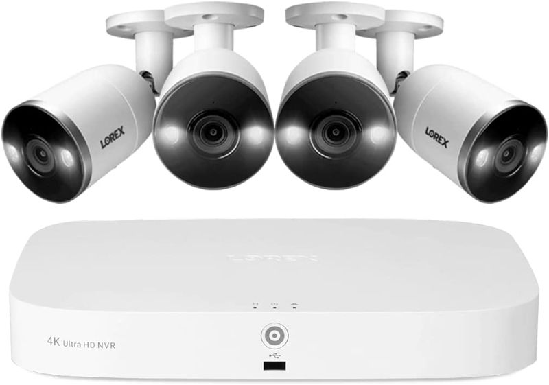 Photo 1 of Lorex 4K Security Camera System, Fusion 8-Channel 3TB NVR with Four Indoor/Outdoor Wired IP POE Metal Smart Deterrence Cameras comes with 4 pack of 100ft extension cables 