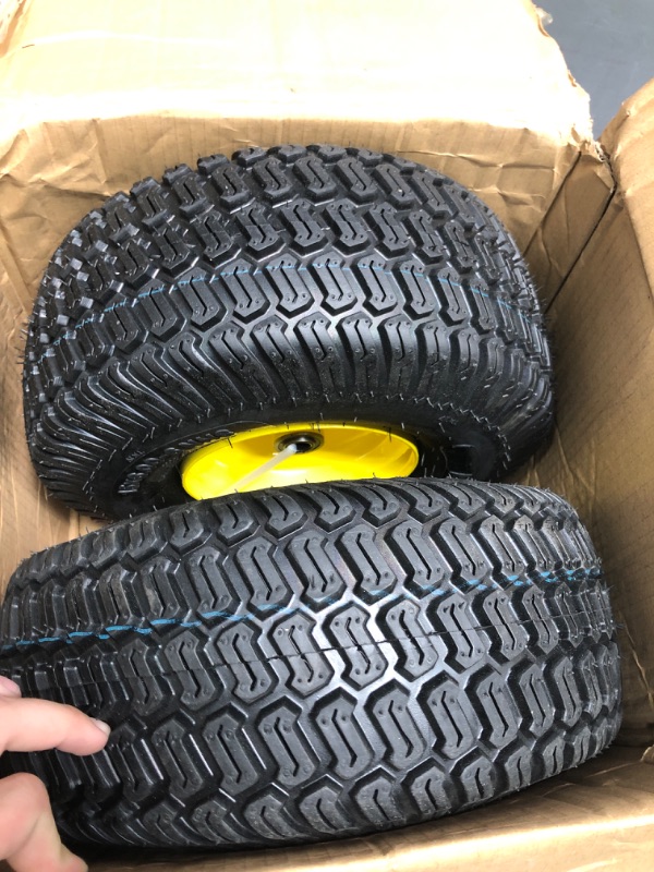 Photo 2 of MaxAuto 2 Pcs Lawn Mower Tires 15x6.00-6 with Wheel for Riding Mowers, 3" Offset Hub Long with 3/4" bearings, Pneumatic Tire