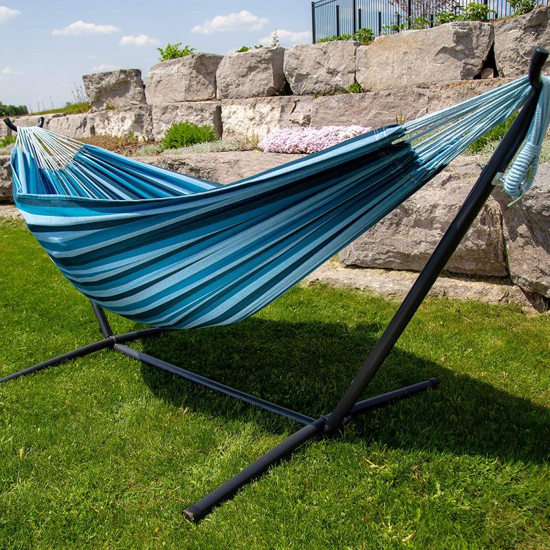 Photo 1 of **missing hammock, only stand** Vivere Double Cotton Hammock with Space Saving Steel Stand Blue Lagoon (450 lb Capacity - Premium Carry Bag Included) 