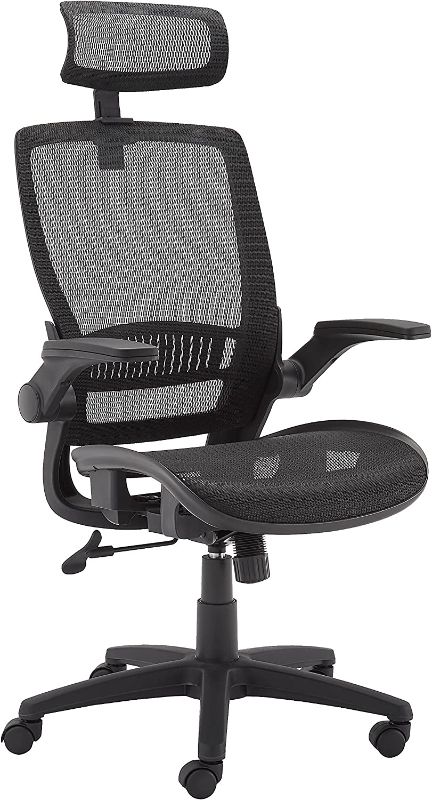 Photo 1 of Amazon Basics Ergonomic Adjustable High-Back Chair with Flip-Up Arms and Headrest, Contoured Mesh Seat - Black, 25.5"D x 26.25"W x 45.5"H
