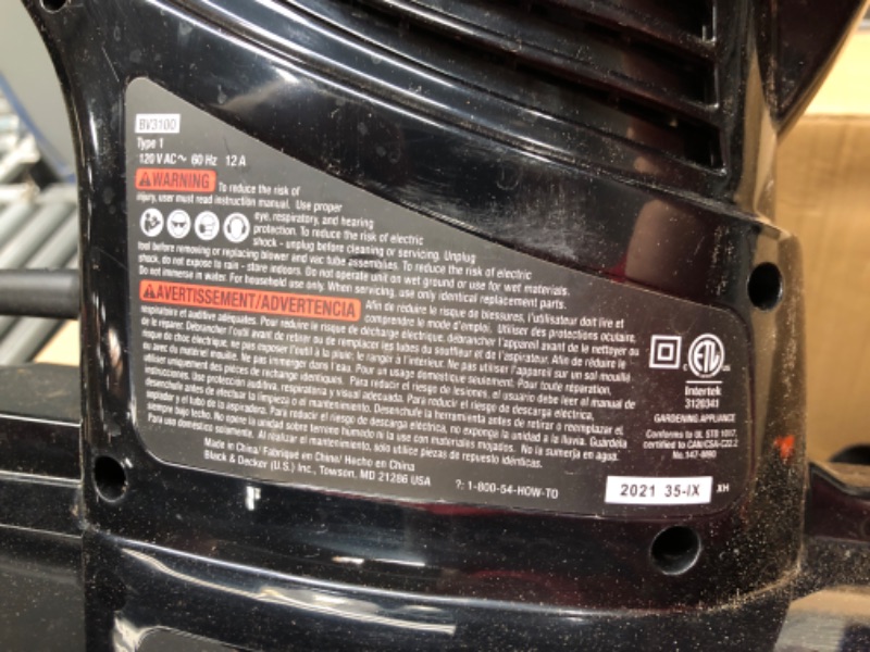 Photo 1 of *** USED - NOT ABLE TO TEST *** BLACK+DECKER 3-in-1 Electric Leaf Blower, Leaf Vacuum, Mulcher, 12-Amp with Safety Eyewear, Lightweight, Clear Lens (BV3100 & BD250-1C) w/ Safety Glasses