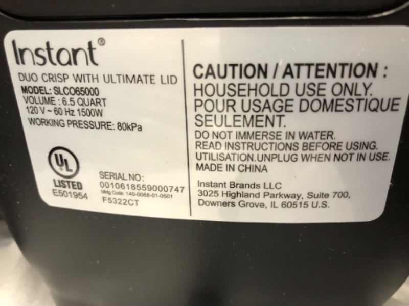 Photo 4 of ***PARTS ONLY NOT FUNCTIONAL***Instant Pot 6.5 qt. Duo Crisp 13-in-1, Air Fryer, Pressure Cooker &#38; Slow Cooker with One Ultimate Lid