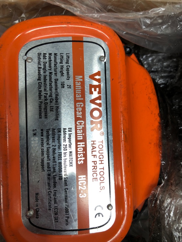 Photo 2 of VEVOR Manual Chain Hoist, 2 Ton 4400 lbs Capacity 10 FT Come Along, G80 Galvanized Carbon Steel with Double-Pawl Brake, Auto Chain Leading & 360° Rotation Hook, for Garage Factory Dock