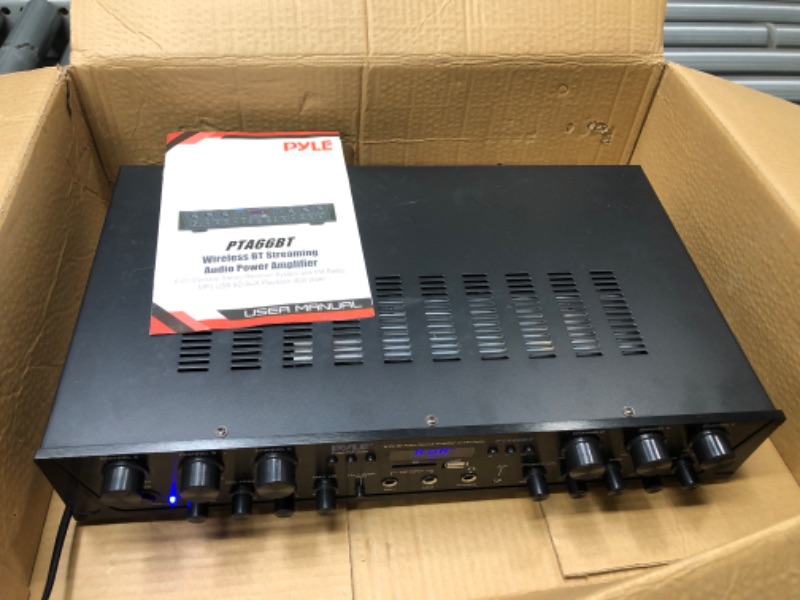 Photo 2 of Used *** Wireless Home Audio Amplifier System-Bluetooth Compatible Sound Stereo Receiver Amp - 6 Channel 600Watt Power, Digital LCD, Headphone Jack, 1/4'' Microphone in USB SD AUX RCA FM Radio-Pyle PTA66BT.5