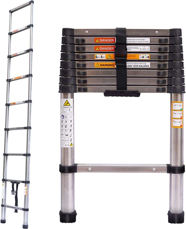 Photo 2 of (8.5Ft/2.6M) Telescoping Ladders, Multi-Purpose Folding Aluminum Extension Ladder with Hooks. 