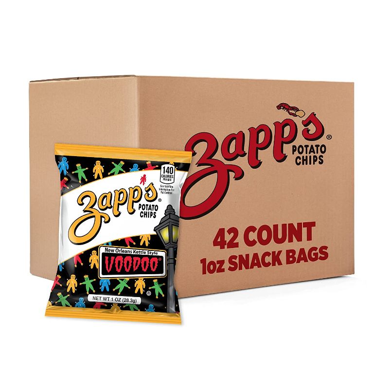 Photo 1 of  best by 10/02/23
Zapp's New Orleans Kettle-Style Potato Chips, Voodoo Flavor (1 oz Bags, 42 Count) ââ‚¬â€œ Crunchy Chips with Salt & Vinegar Tang and Smoky BBQ Sweetness, Gluten Free, Perfect On-The-Go Snack
