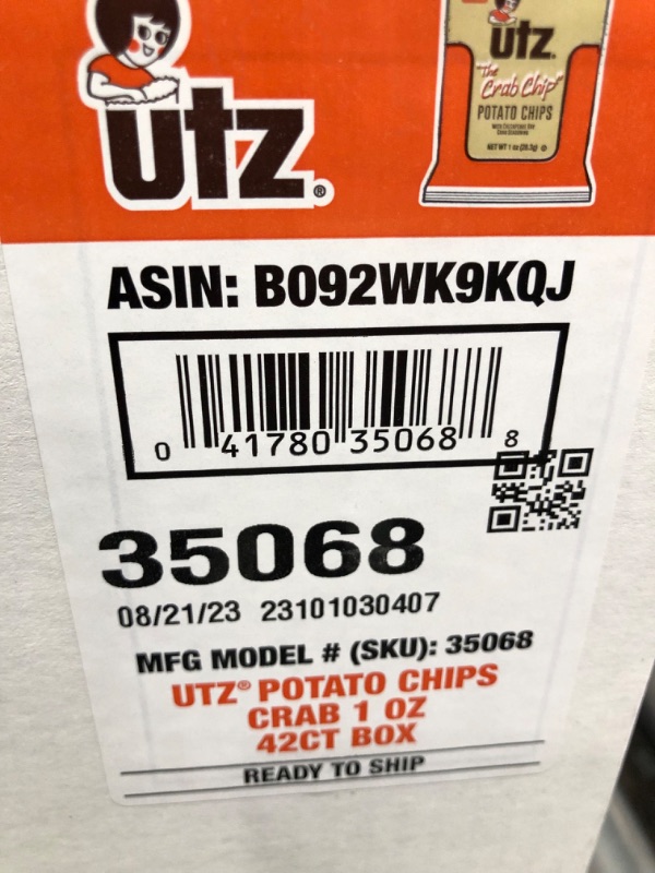 Photo 3 of 08 -21-23
Utz Crab Chips 1 oz. Bags, 42 Count, Crispy Fresh Potato Chips, Perfect for Vending Machines, Individual Snacks to Go, Trans-Fat Free
