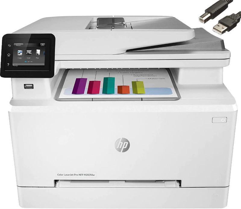 Photo 1 of HP Color Laserjet Pro M283fdw Wireless All-in-One Laser Printer, Print Scan Copy, Remote Mobile Print, Auto 2-Sided Printing, 22 ppm, 250-Sheet, Works with Alexa, Bundle with JAWFOAL Printer Cable
