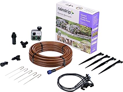 Photo 1 of Raindrip SDGCBHP Automatic Drip Irrigation Watering Kit with Timer for Ground Cover & Flower Beds, Waters up to 200 Sq. ft, Timer with Customizable Settings & 13 GPH Half-Circle Adjustable Sprayers, Black;Galvanized Steel;Brown
