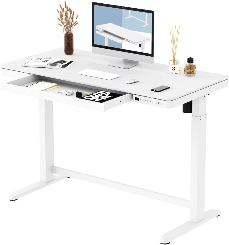 Photo 1 of FLEXISPOT Comhar Electric Standing Desk with Drawer Desktop & Adjustable Frame Quick Install w/USB Charge Ports, Child Lock, Modern, 48 inch (Bamboo/Black, Wood) Bamboo Texture/Black 48" white top 