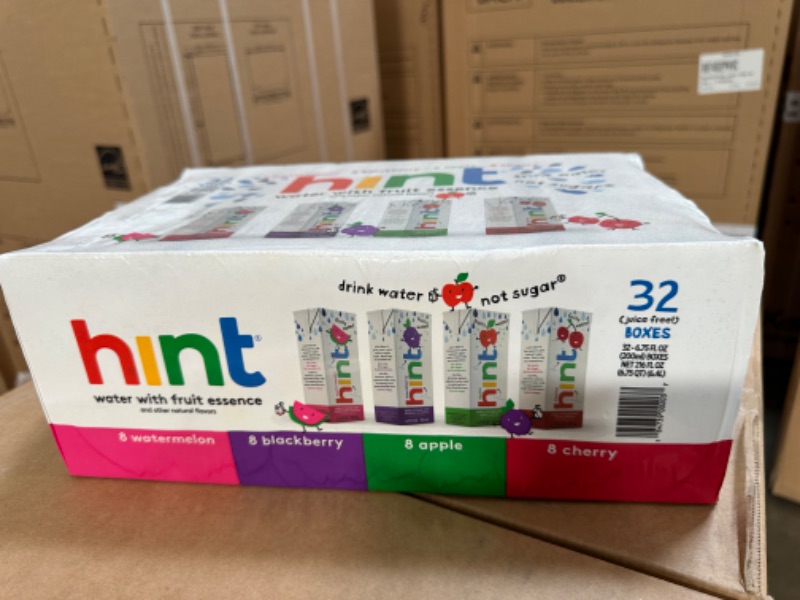 Photo 2 of **EXP june 30 2023**
Hint Kids Water Variety Pack (Pack of 32), 6.75 Ounce Boxes, 8 Boxes Each of: Cherry, Watermelon, Apple, & Blackberry, Zero Sugar, Zero Sweeteners, Zero Preservatives, Zero Artificial Flavors 4-Flavor Variety Pack