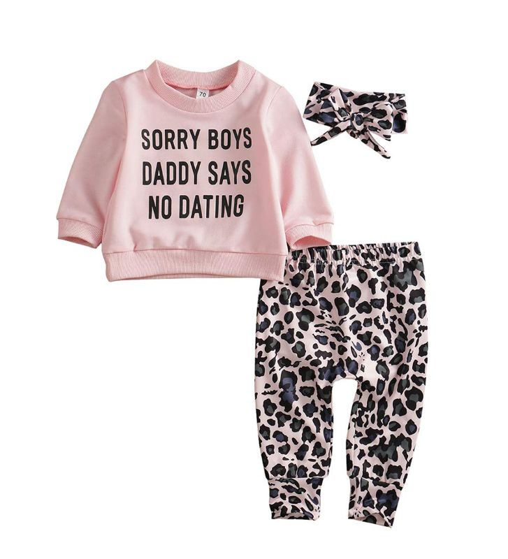 Photo 1 of Madjtlqy Newborn Baby Girls Clothes Daddy Saying Top Printed T-Shirt Leopard Pants+Headband Sweatshirt Outfit Set A-daddy Says 6-12 Months