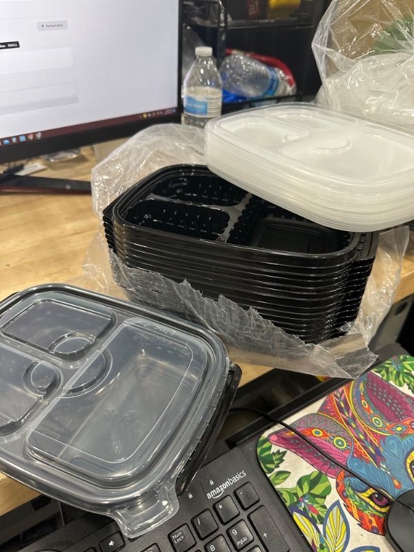Photo 1 of Black Rectangular Divided Microwavable Heavy Weight Container with Lid 15ct
