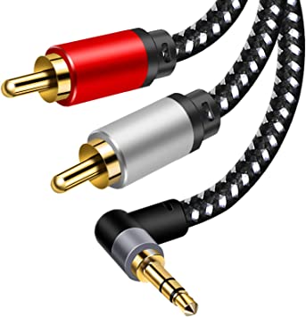 Photo 1 of 3.5mm Aux Cables, 90° RCA Audio Cable, 3.5mm to 2-Male RCA Stereo Splitter Cable 1/8" Right Angle TRS to RCA Straight Plug Audio Auxiliary Cord,Hi-Fi Sound, Nylon Braided (6.5ft/2m) 2Pack
