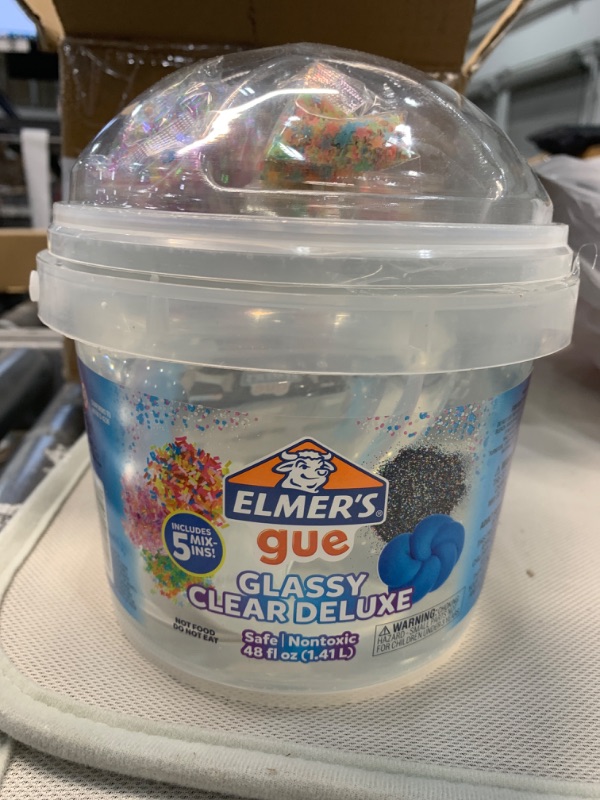 Photo 3 of Elmer's GUE Premade Includes 5 Sets of Slime Add-ins, 3 Lb. Bucket, Glassy Clear
**return item** missing one piece from top add-in's