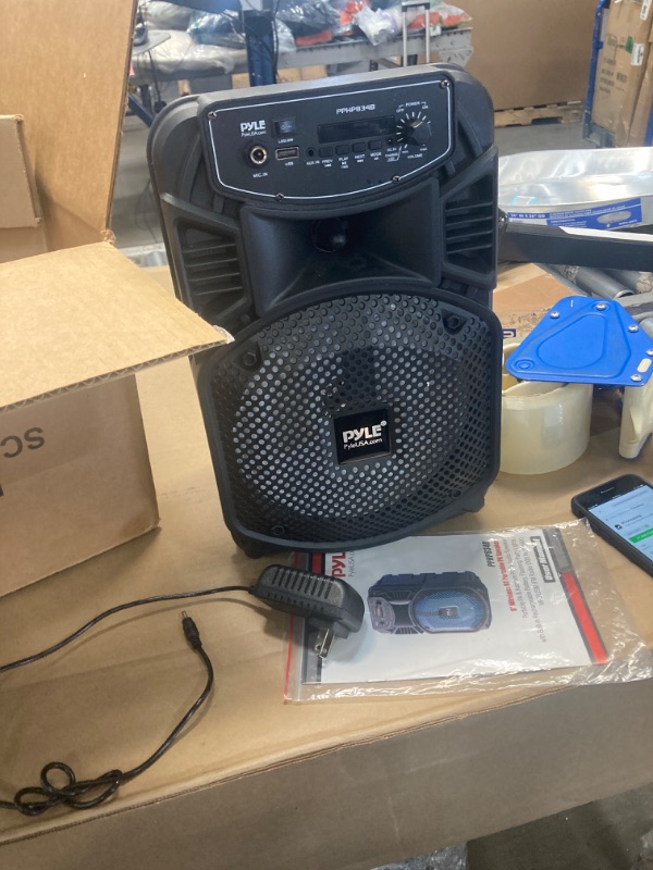 Photo 3 of * FOR PARTS Pyle Portable Bluetooth PA Speaker System-300W Rechargeable Indoor/Outdoor Bluetooth Speaker Portable System w/ 8” Subwoofer 1” Tweeter, Microphone in, Party Lights, MP3/USB, Radio, Remote PPHP834B