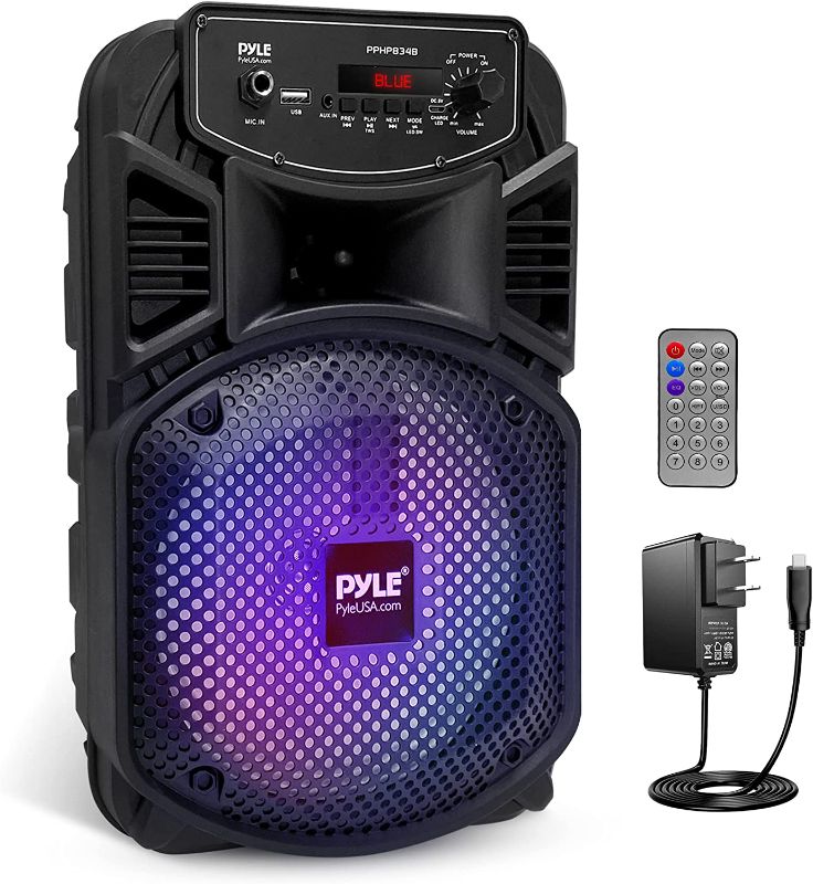 Photo 1 of * FOR PARTS Pyle Portable Bluetooth PA Speaker System-300W Rechargeable Indoor/Outdoor Bluetooth Speaker Portable System w/ 8” Subwoofer 1” Tweeter, Microphone in, Party Lights, MP3/USB, Radio, Remote PPHP834B
