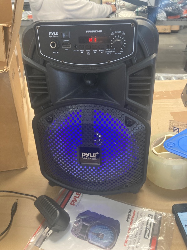 Photo 2 of * FOR PARTS Pyle Portable Bluetooth PA Speaker System-300W Rechargeable Indoor/Outdoor Bluetooth Speaker Portable System w/ 8” Subwoofer 1” Tweeter, Microphone in, Party Lights, MP3/USB, Radio, Remote PPHP834B