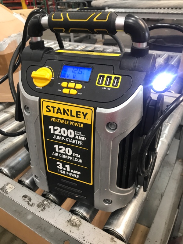 Photo 2 of **LIKE NEW!* STANLEY J5CPD Digital Portable Power Station Jump Starter: 1200 Peak/600 Instant Amps, 500W Inverter, 120 PSI Air Compressor, 3.1A USB Ports, Battery Clamps
