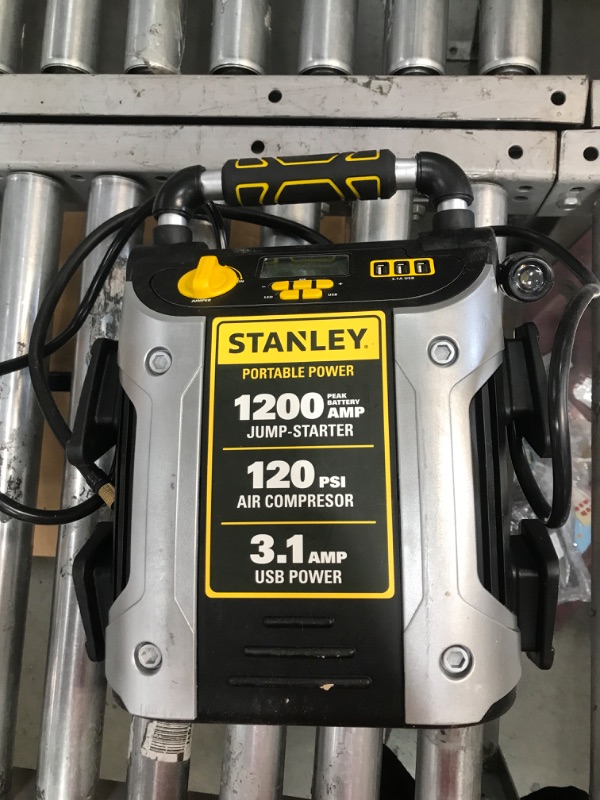 Photo 3 of **LIKE NEW!* STANLEY J5CPD Digital Portable Power Station Jump Starter: 1200 Peak/600 Instant Amps, 500W Inverter, 120 PSI Air Compressor, 3.1A USB Ports, Battery Clamps
