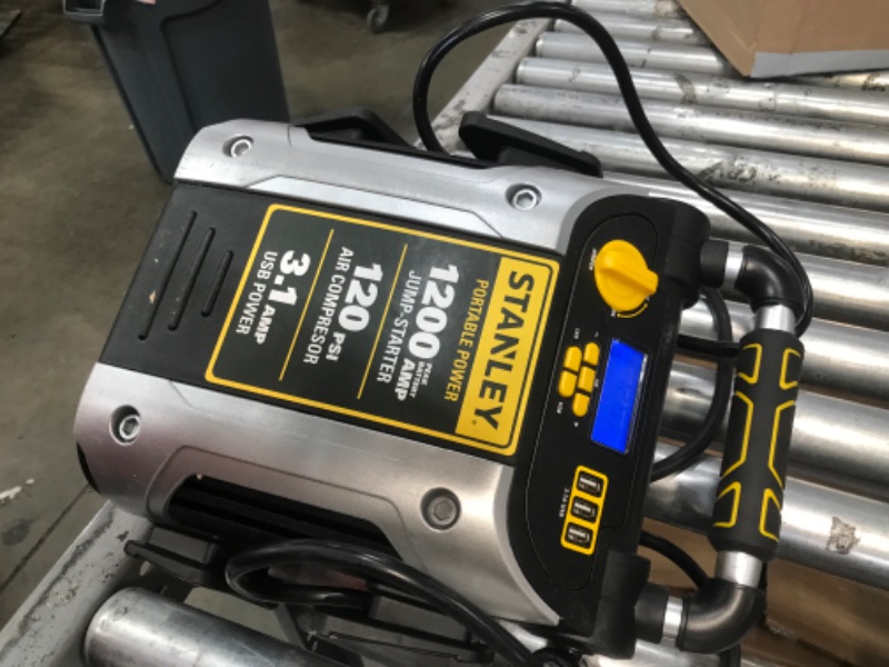 Photo 4 of **LIKE NEW!* STANLEY J5CPD Digital Portable Power Station Jump Starter: 1200 Peak/600 Instant Amps, 500W Inverter, 120 PSI Air Compressor, 3.1A USB Ports, Battery Clamps
