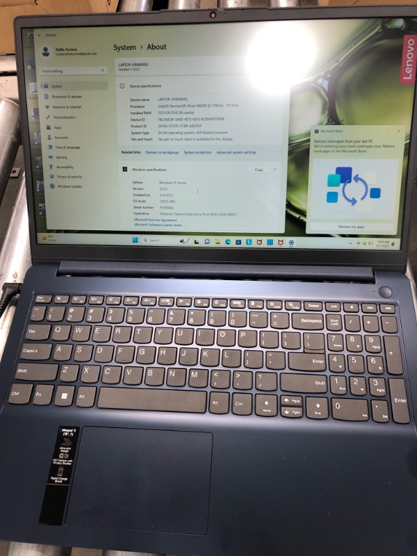 Photo 2 of Lenovo ideapad 1 15.6 FHD Laptop, Intel Pentium Sliver N6000 Processor, 4GB RAM, 128GB eMMC, 1-Year Mircrosoft Office 365, Windows 11 Home in S Mode - 82LX0050US