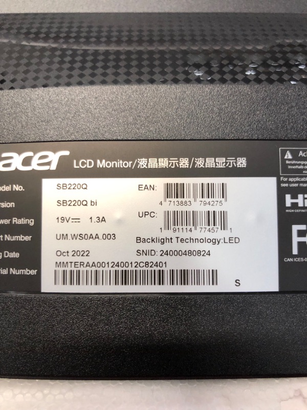 Photo 5 of Acer 21.5 Inch Full HD (1920 x 1080) IPS Ultra-Thin Zero Frame Computer Monitor (HDMI & VGA Port), SB220Q bi
