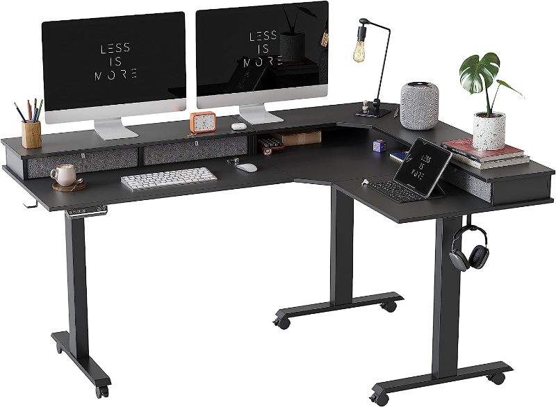 Photo 1 of **parts only!! FEZIBO Triple Motor 63" L Shaped Standing Desk with 3 Drawers, Electric Standing Gaming Desk Adjustable Height, Corner Stand up Desk with Splice Board, Black Frame/Black Top
