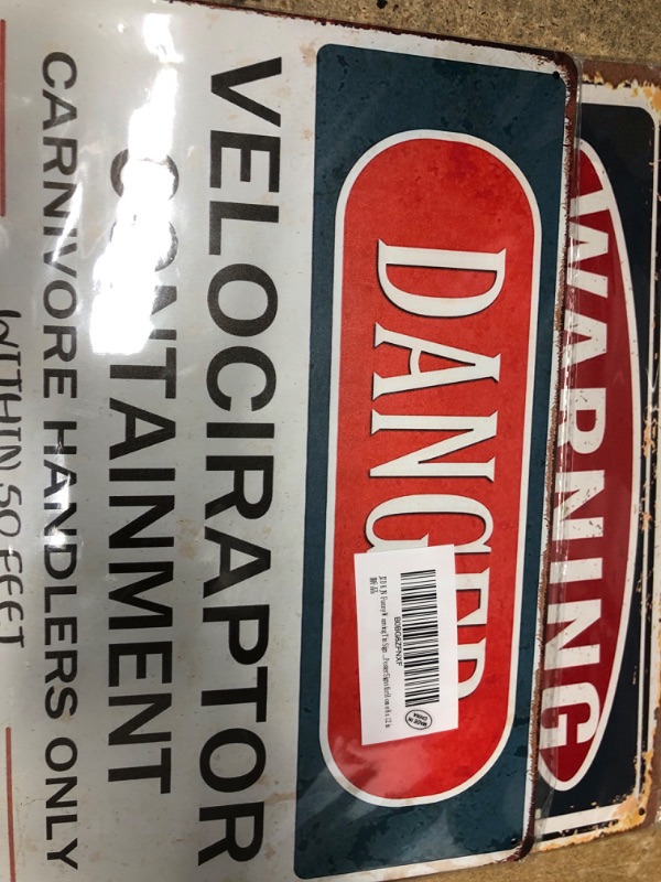 Photo 1 of 2 DIFFERENT SIGNS
JZDKJN Funny Warning Tin Sign Danger Velociraptor Containment Metal Sign Beware Sign Hanging Metal Poster Funny Metal Poster Signs for Home 8 x 12 in