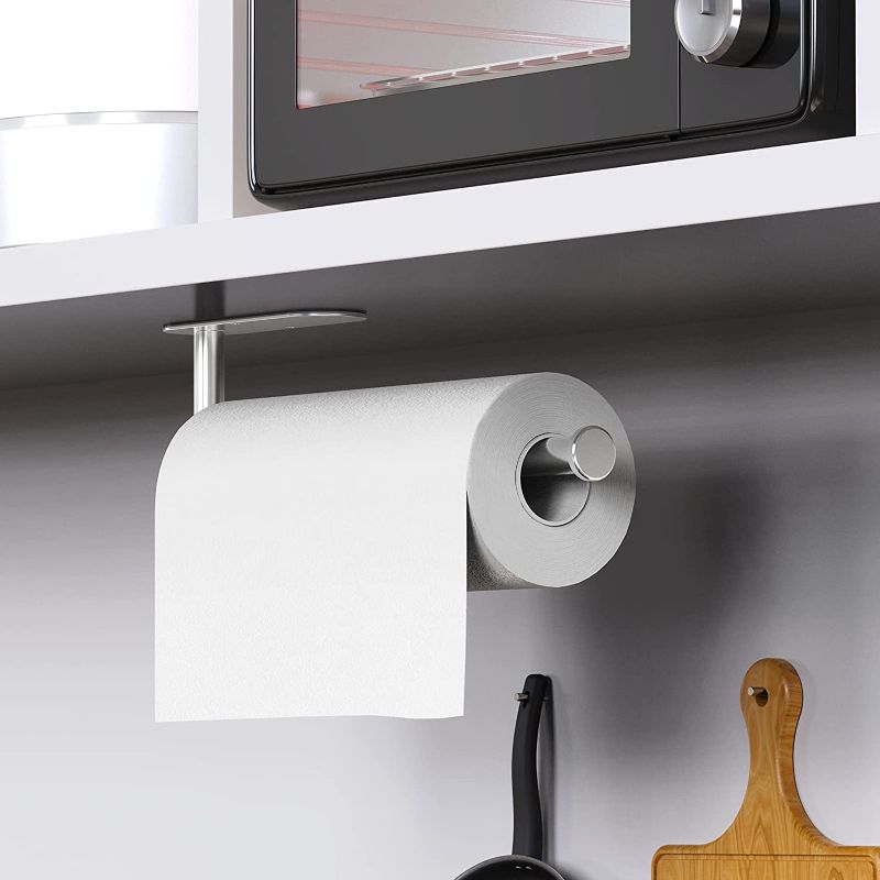 Photo 2 of 2 SETS - Wall Mount Paper Towel Holder 13.2 Inch Under Cabinet Paper Towel Holder Self Adhesive or Drilling Under Counter Paper Towel Holder for Kitchen,Bathroom,Cabinet Stainless Steel SUS304(Silver)