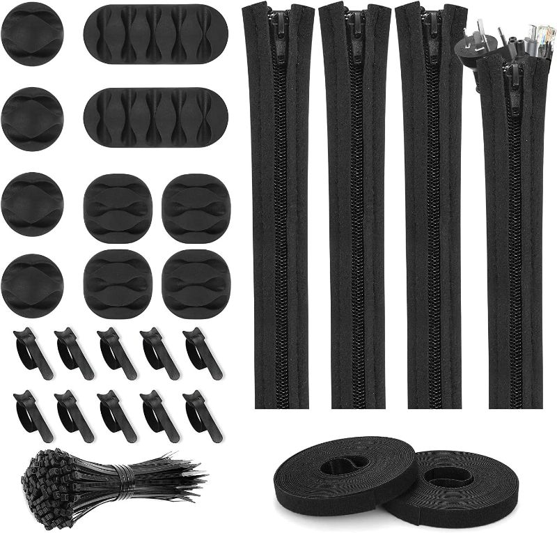 Photo 1 of 2 SETS - 126Pcs Cable Management Organization Kit, 10 Cable Clip Holders, 4 Cable Sleeve with Zipper, 10 Self Adhesive Tie, 100* Zip Cable Ties, 2 Rolls Self Adhesive Tie, Cord Organizer for TV PC Home Office