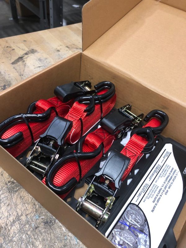 Photo 1 of Amazon Basics Ratchet Tie Down Straps - Includes 4 Premium 1" x 15' Ratchet Tie Downs with Padded Handles, Red, 4-Pack Red Premium Heavy Duty - 1800lbs Breaking Strength