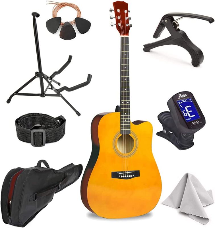 Photo 1 of * COVER DOES NOT MATCH COLOR see notes * Master-play Beginner Full Size 41” Wood Cutaway All String Acoustic Guitar, With Bonus Accessories Kit; Case, Strap, Capo, Extra Strings, Picks, Tuner, Wash Cloth, Stand (Wood ORANGE)