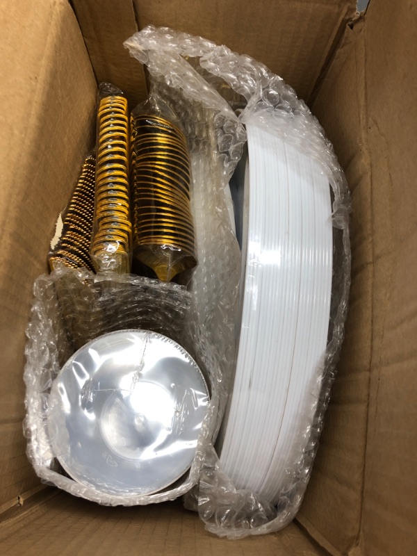 Photo 3 of 150 Pieces Gold Disposable Plates for 25 Guests, Plastic Plates for Party, Wedding, Dinnerware Set of 25 Dinner Plates, 25 Salad Plates, 25 Spoons, 25 Forks, 25 Knives, 25 Cups