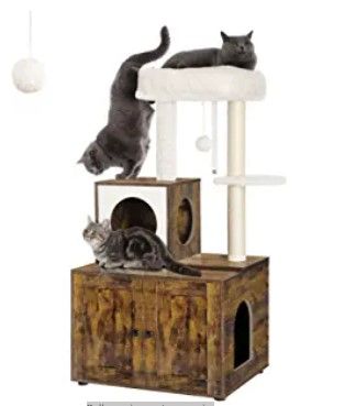 Photo 1 of  Cat Litter Box Enclosure with Cat Tree and Condo, Side Table, with Large Platform, Cat House, Full Sisal Posts, Removable Washable Cushion, Rustic Brown