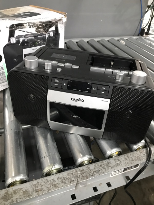 Photo 2 of Jensen MCR-1500 Silver Modern Retro Music System Portable CD/MP3 Cassette Player Stereo Boombox, LCD Display, Compact Dual Cassette Deck Recorder, AM/FM Radio, Bass Boost + Aux in & Headphone Jack