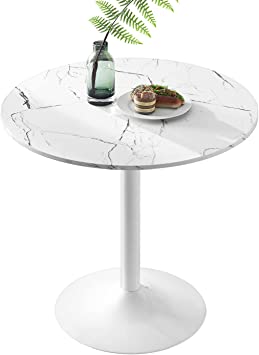 Photo 1 of - Round Dining Table with Faux Marble Top and Pedestal Base - Mid-Century Leisure Table White -