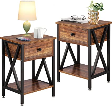 Photo 1 of VECELO Modern Nightstands X-Design Side End Table Night Stand Storage Shelf with Bin Drawer for Living Room,Bedroom,Lounge,Set of 2, Rustic Brown A2
