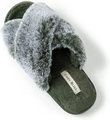 Photo 1 of Cozy Bliss Women's Faux Fur Slippers Cross Band Open Toe Breathable Fuzzy Fluffy Slippers size (5-6)
