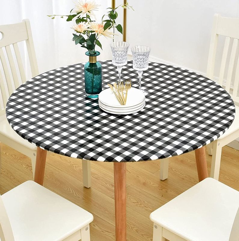 Photo 1 of *Stock Photo for Reference* Round Vinyl Fitted Tablecloth with Flannel Backing Elastic Edged Table Cloth Waterproof Oil-Proof Wipeable PVC Table Cover for Round Tables