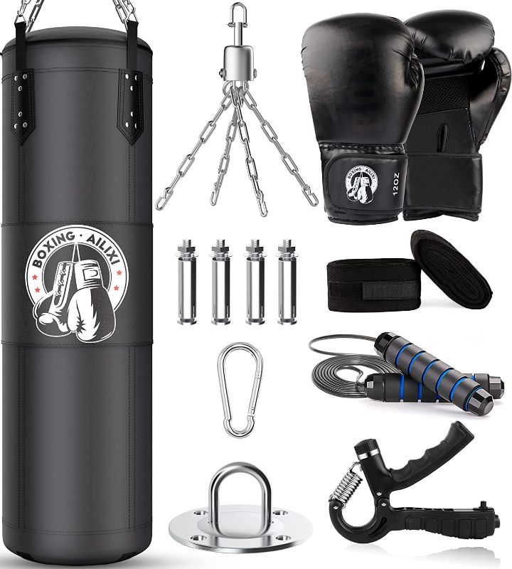 Photo 6 of 4FT Punching Bag for Adults/Kids, Unfilled Heavy Punching Bag, Boxing Bag Set with Punching Gloves, Wraps, Chain, Ceiling Hook for MMA Kickboxing Boxing Karate Muay Thai Taekwondo