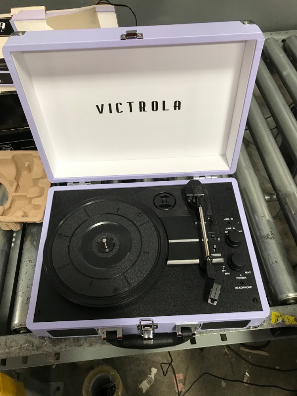 Photo 2 of Victrola Vintage 3-Speed Bluetooth Portable Suitcase Record Player with Built-in Speakers | Upgraded Turntable Audio Sound | Lavender (VSC-550BT-LVG) Lavender/Silver Record Player