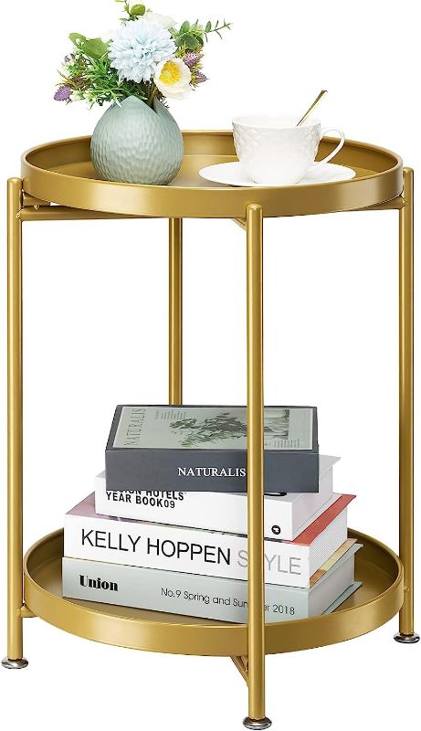 Photo 1 of danpinera 2-Tier End Table, Outdoor Side Table Metal Round Side Table with Removable Tray, Small Folding Accent Table, Anti-Rust Nightstand for Bedroom Balcony Patio Living Room (Gold)
