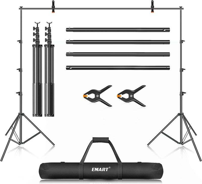 Photo 1 of EMART Adjustable10 x 12ft (H X W) Photo Backdrop Stand Kit and 8 Pack Backdrop Clamps