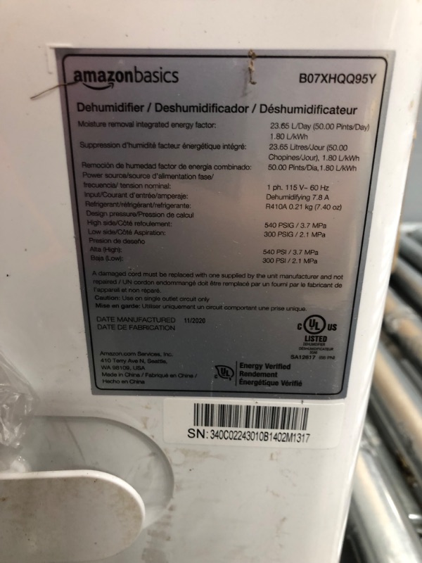 Photo 7 of **MINOR TEAR & WEAR**Amazon Basics Dehumidifier - For Areas Up to 4,000 Square Feet, 50-Pint, Energy Star Certified 50 Pint Standard Dehumidifier