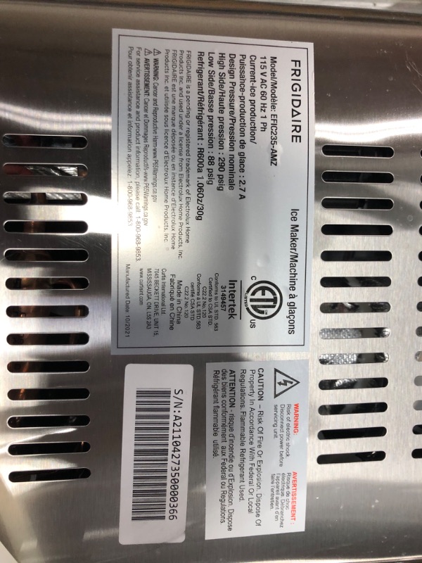 Photo 6 of **MINOR TEAR & WEAR**Frigidaire EFIC235-AMZ Countertop Crunchy Chewable Nugget Ice Maker, 44lbs per day, Self Cleaning Function