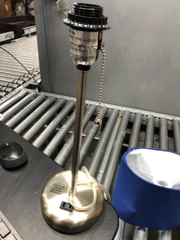 Photo 1 of Limelights LT2024-NAV Brushed Steel Stick Table Desk Lamp with Charging Outlet and Drum Fabric Shade, Navy
