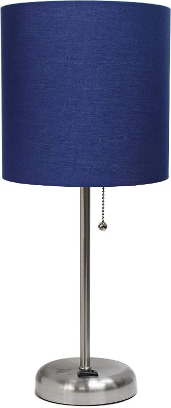 Photo 1 of Limelights LT2024-NAV Brushed Steel Stick Table Desk Lamp with Charging Outlet and Drum Fabric Shade, Navy
