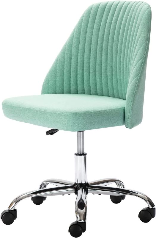 Photo 1 of Home Office Desk Chair, Vanity Chair, Modern Adjustable Low Back Rolling Chair, Twill Upholstered Cute Office Chair, Desk Chairs with Wheels for Bedroom, Classroom, Vanity Room (Green)