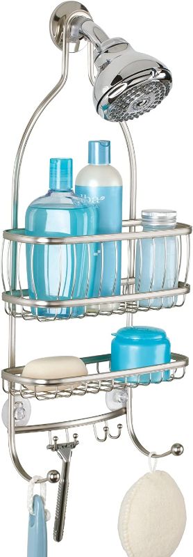 Photo 2 of ( LIKE NEW )iDesign York Metal Wire Hanging Shower Caddy, Extra Wide Space for Shampoo, Conditioner, and Soap with Hooks for Razors, Towels, and More, 10" x 4" x 22", Satin Silver
